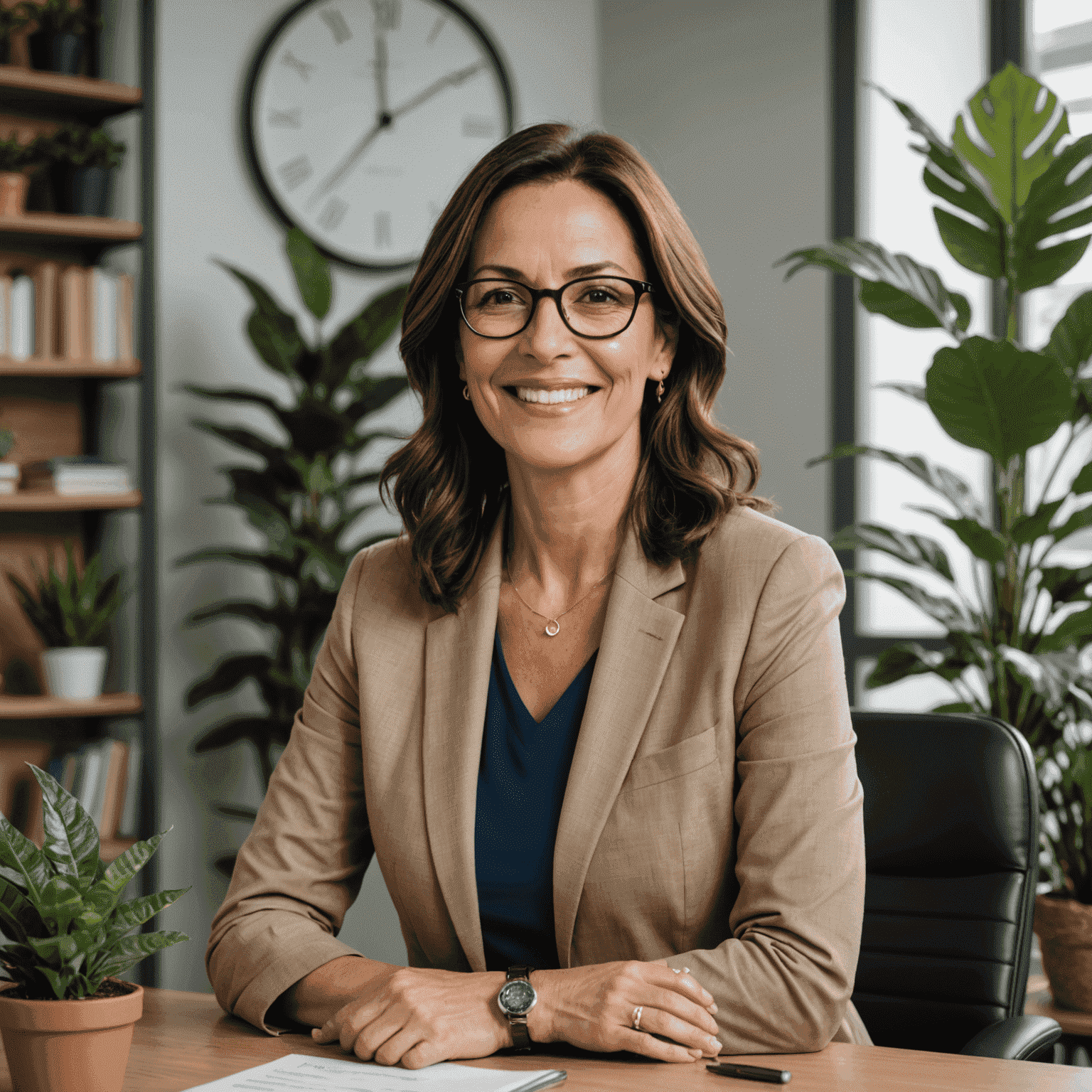 Imagen de María González, fundadora y CEO de gaigrinvs_com. Una mujer de mediana edad con cabello castaño y gafas, sonriendo en una oficina moderna con plantas de fondo.