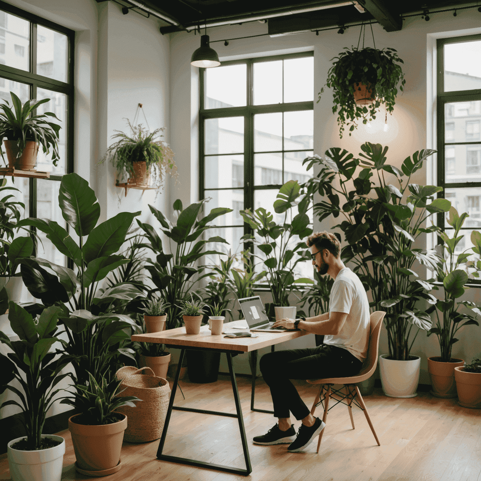 Una imagen que muestra una persona trabajando en una computadora portátil en un espacio de coworking moderno y ecológico, rodeada de plantas y luz natural, simbolizando el inicio de un proyecto digital