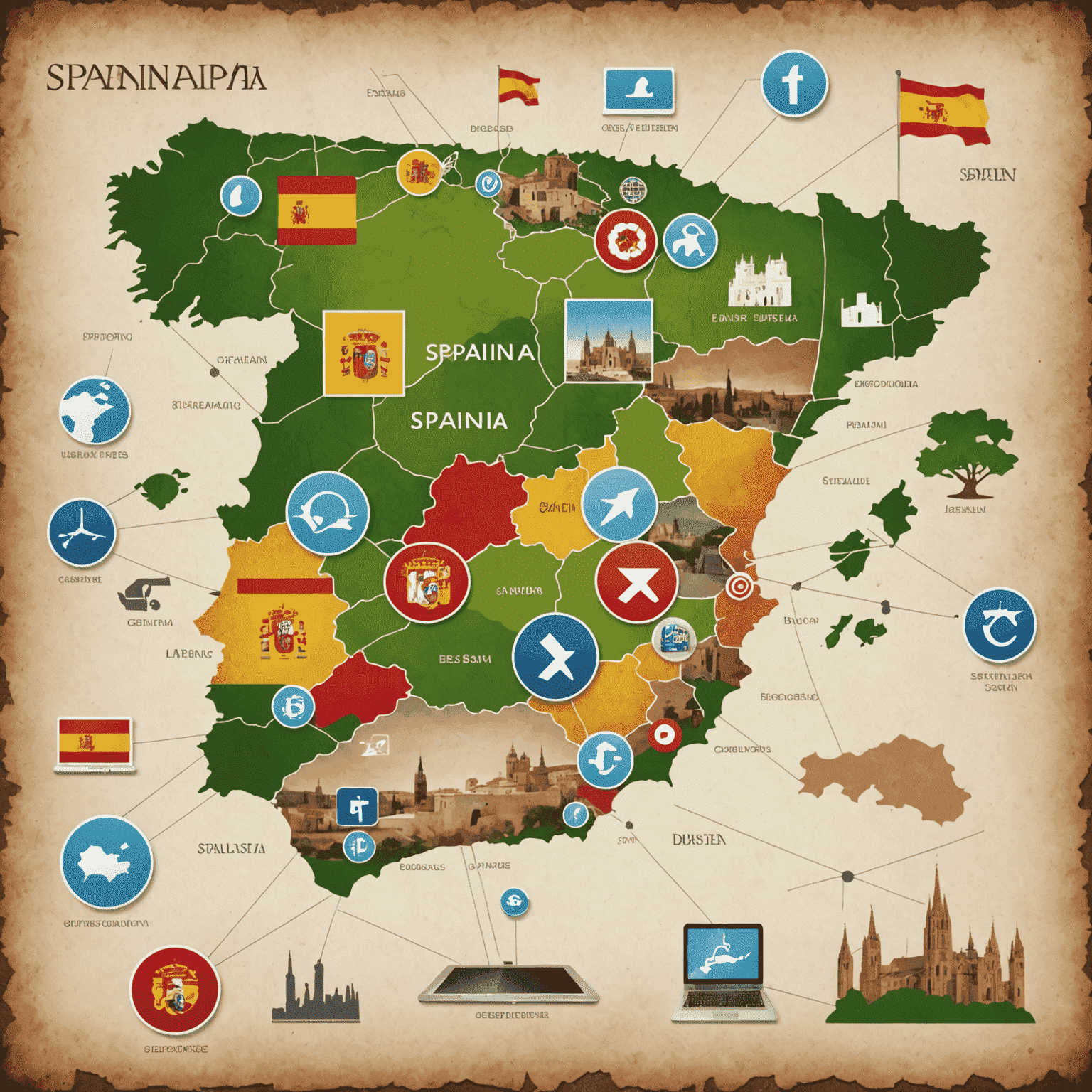 Imagen de un mapa digital de España con iconos de tecnología y negocios superpuestos, representando el paisaje digital español