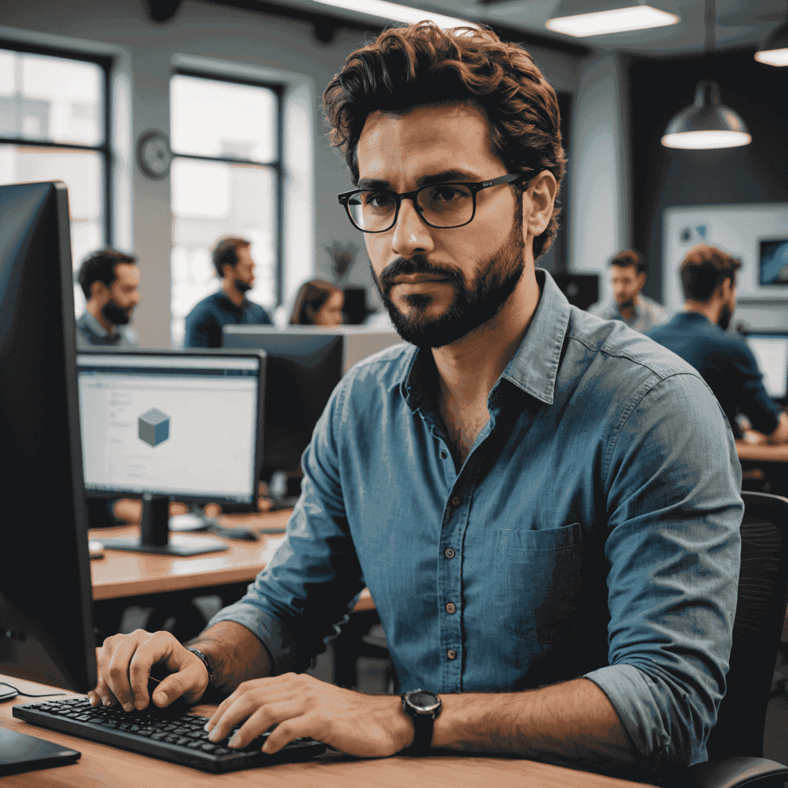 Imagen de Carlos Rodríguez, Director de Tecnología de gaigrinvs_com. Un hombre joven con barba, vestido de manera casual, trabajando en una computadora en un espacio de coworking.