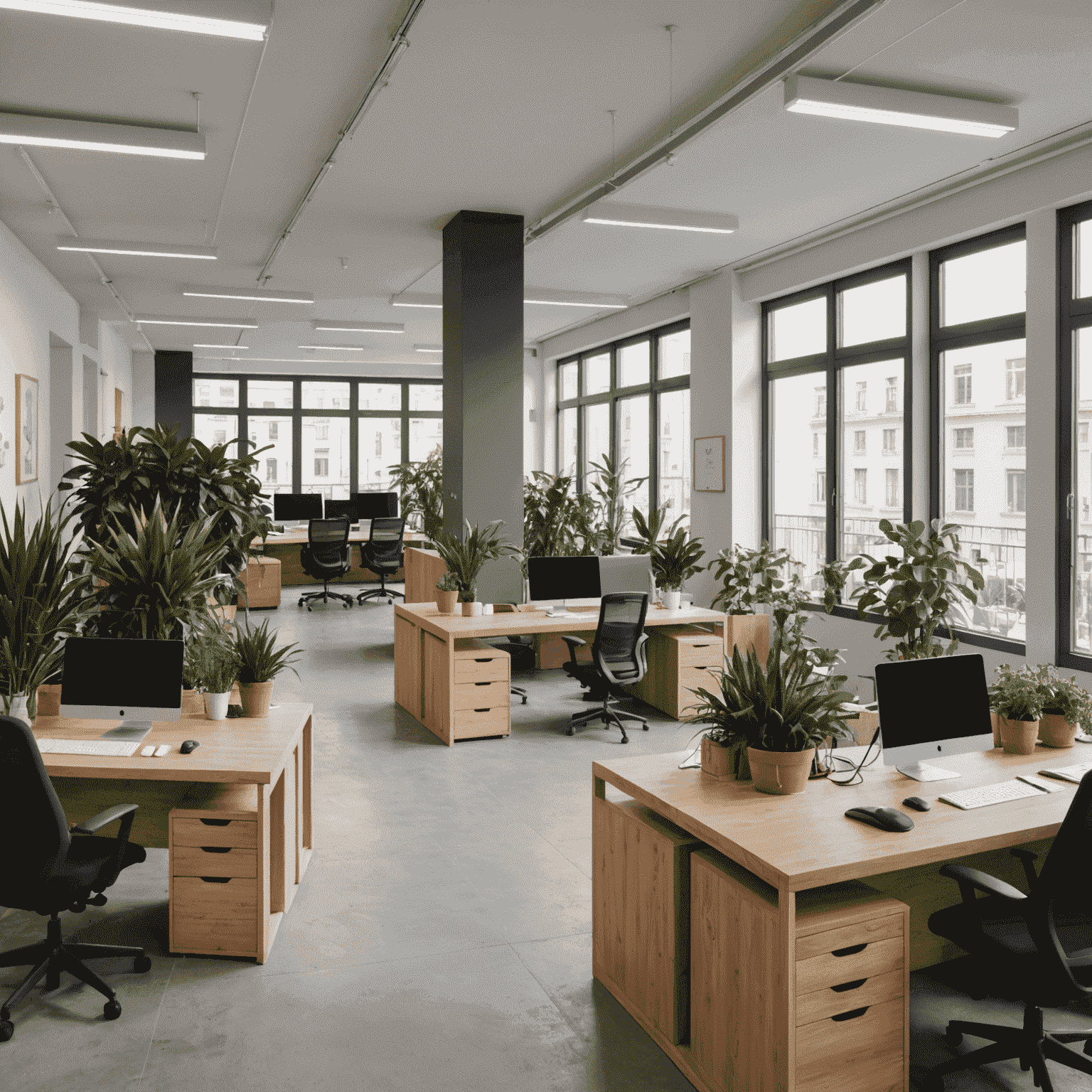 Imagen de la oficina de gaigrinvs_com en Madrid. Un espacio moderno y luminoso con plantas, escritorios de madera y grandes ventanales. Se pueden ver empleados trabajando en un ambiente colaborativo.