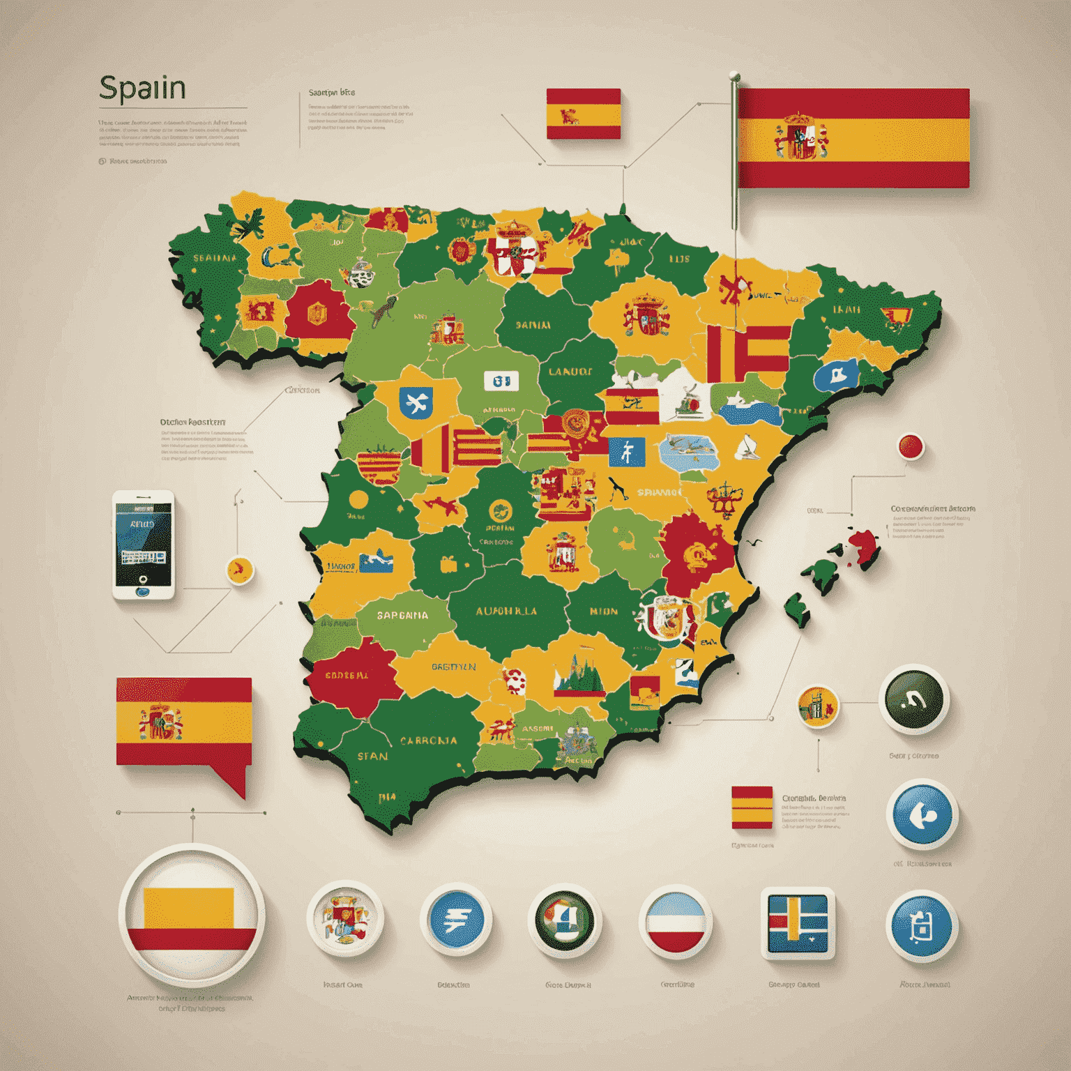 Mapa de España con iconos de dispositivos digitales y símbolos de negocios