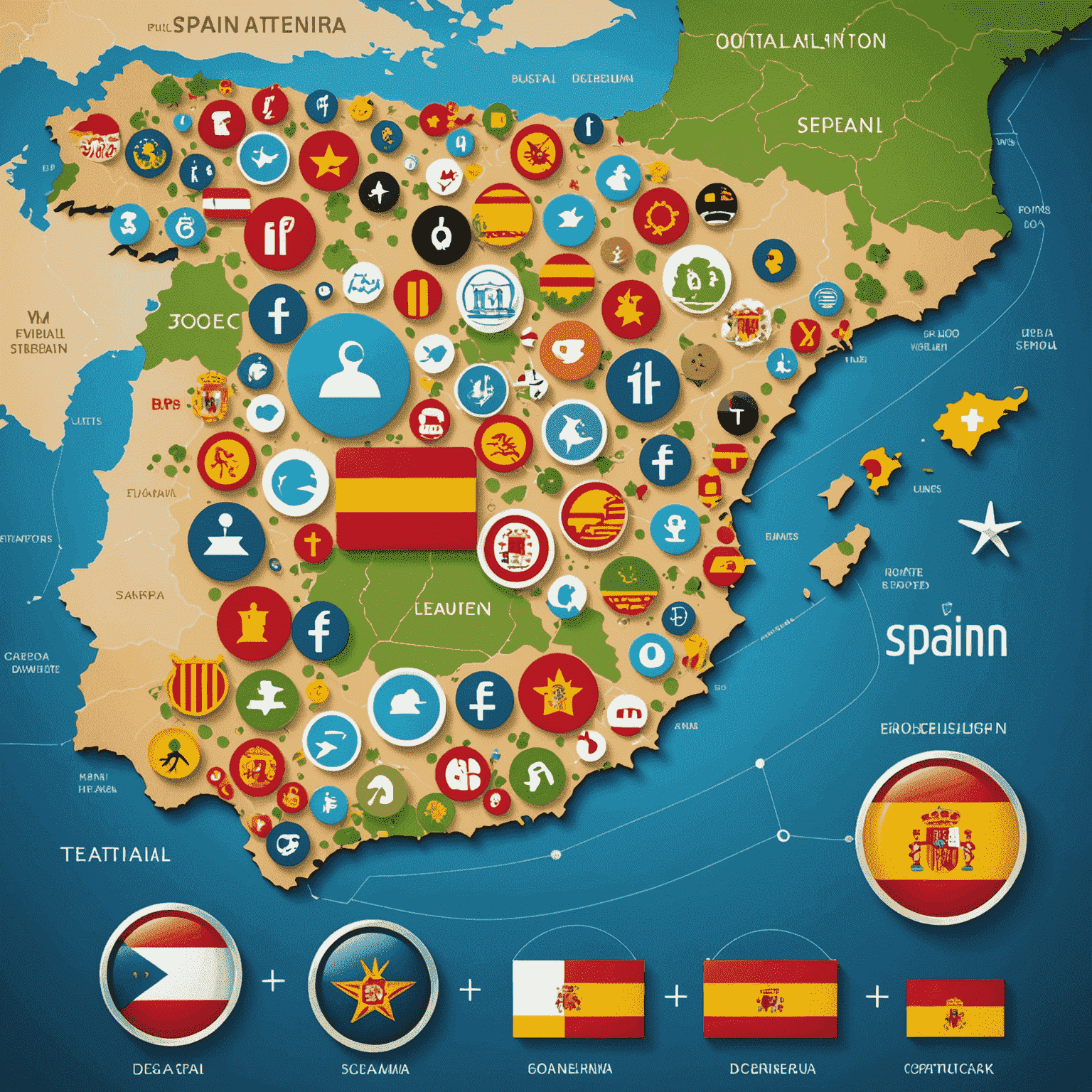 Mapa de España con iconos de dispositivos digitales y símbolos de negocios