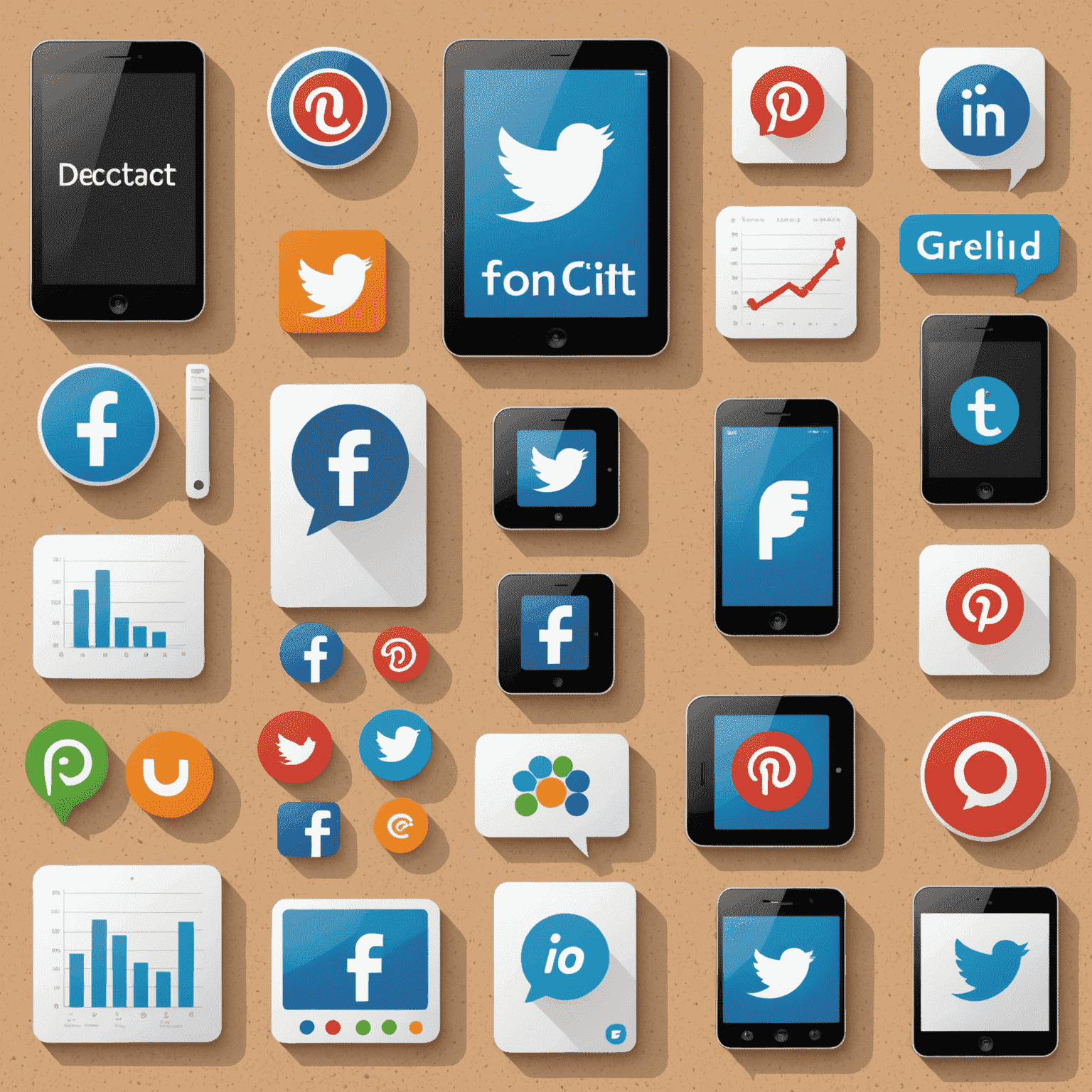 Collage de iconos de redes sociales, dispositivos y gráficos de crecimiento